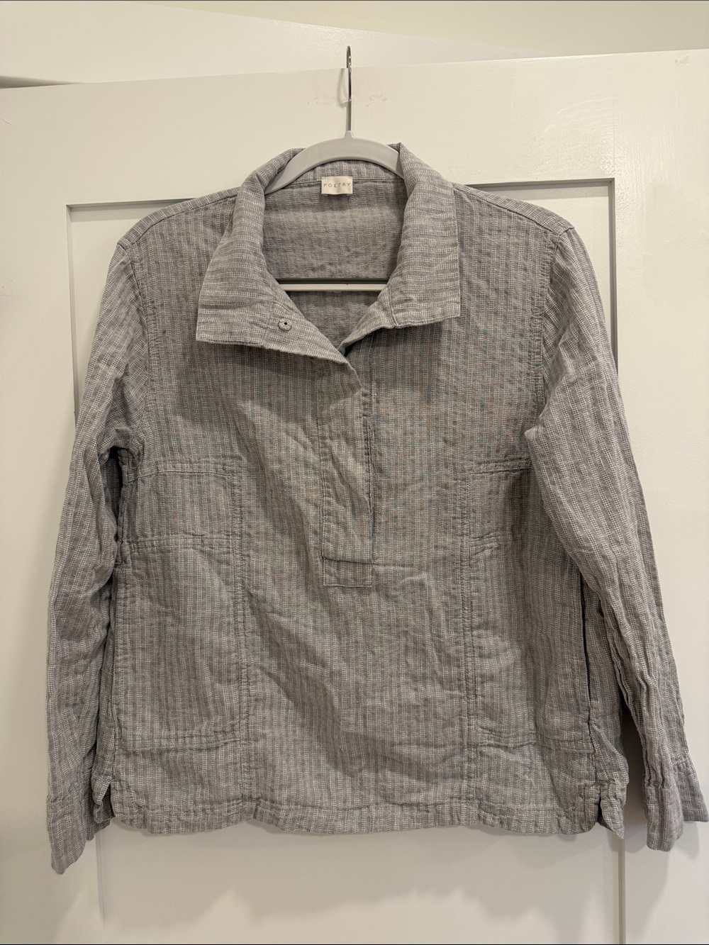 Poetry Women’s Gray Hemp Organic Cotton Textured Popover Blouse Shirt US 8 UK 12